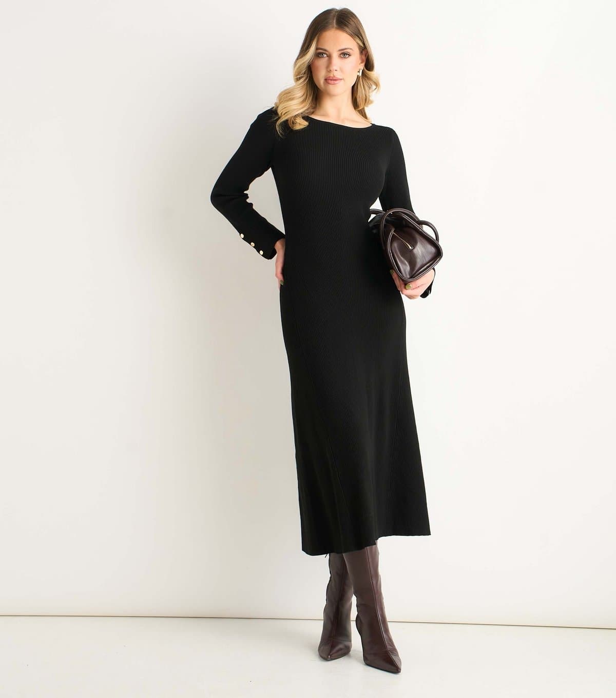 Gini London Women's Black Knitted Fit And Flare Midi Dress Gini London New Look