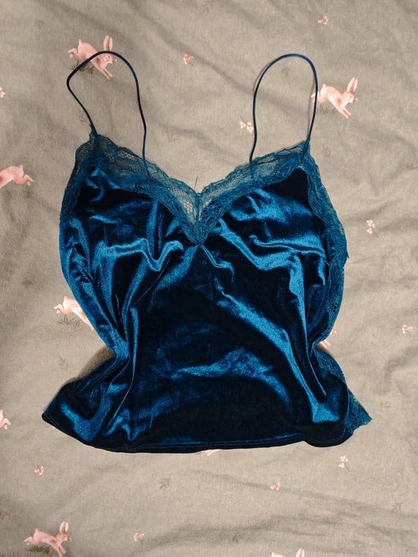 Bershka Turquoise Velvet Lace Cami Crop Top