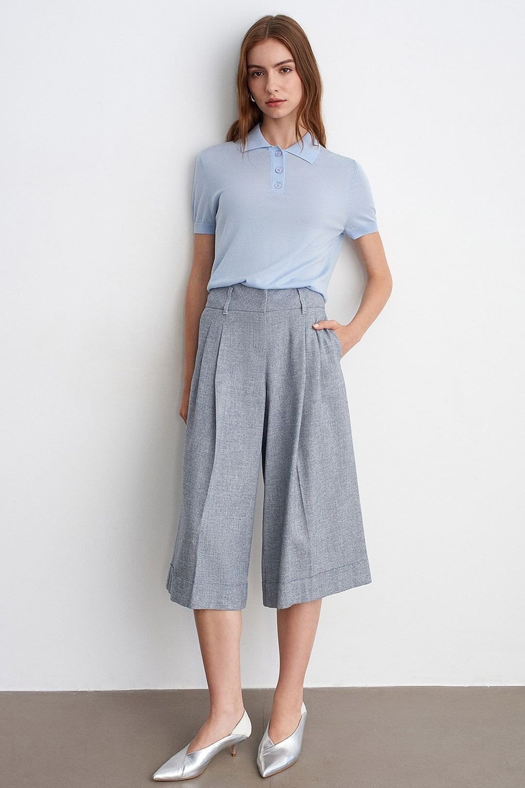 Dilvin Light Grey Polyester/Cotton/Viscose/Linen Capri Trousers