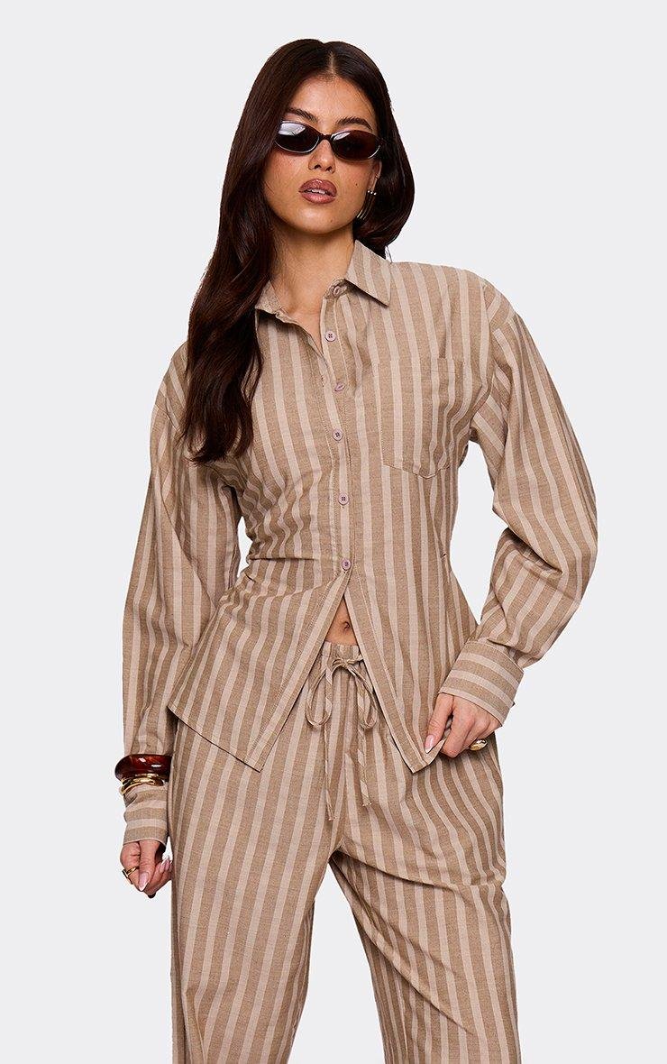 EGO Long Sleeve Button Up Front Cinched Waist Shirt In Brown Stripe, Women's Size UK M - 2