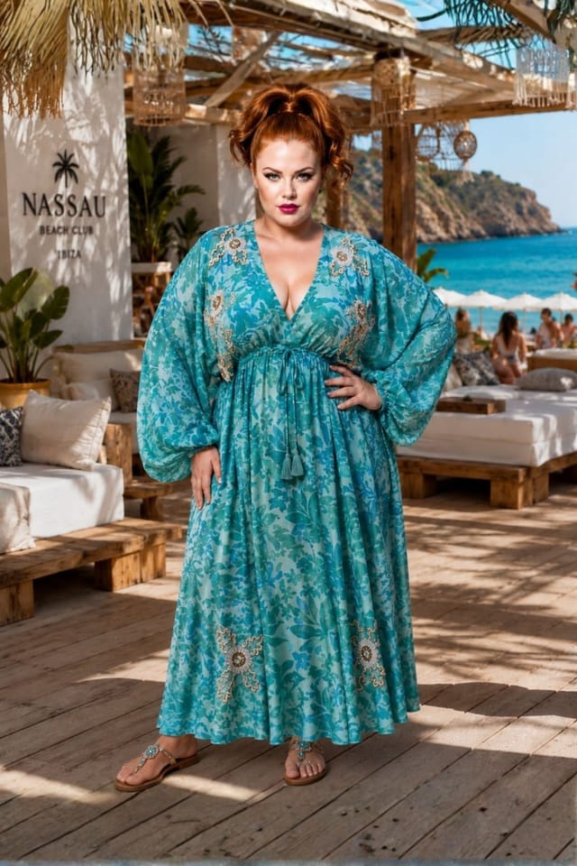 Soul of Sita Soul of Sita Women's Caz Kaftan Long in Mint Green, Leaf Print with Hand Embellishment in Aqua - 2