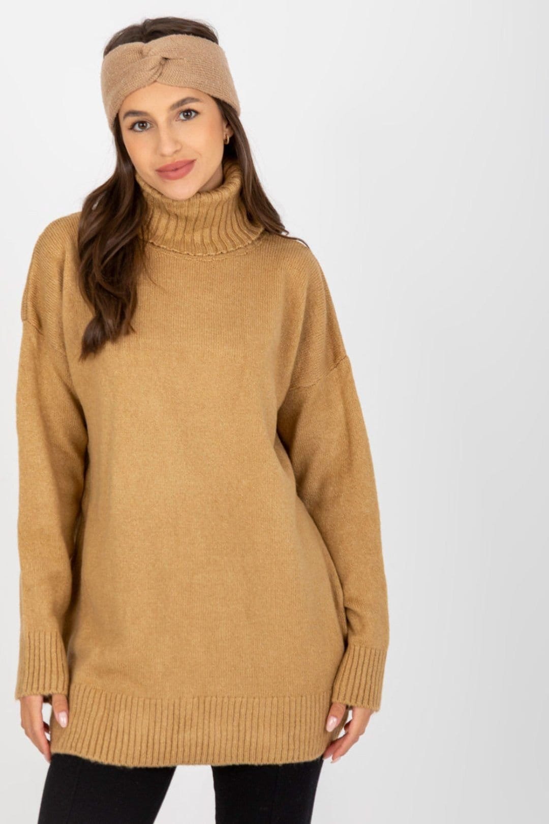 Love Lace Love Lace Women's Extended Cut Turtleneck Long Sleeve Sweater in Camel - 1