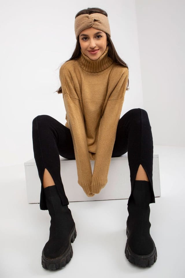 Love Lace Love Lace Women's Extended Cut Turtleneck Long Sleeve Sweater in Camel - 2