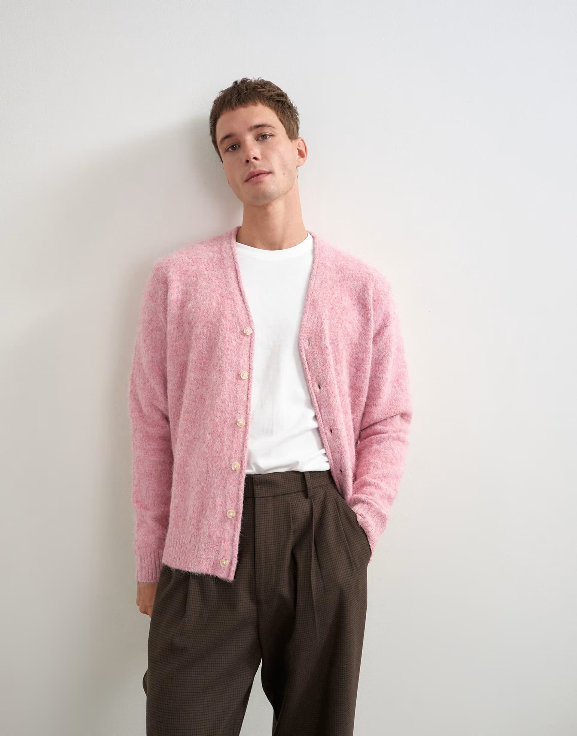 ASOS Topman classic fit brushed knitted cardigan in pink