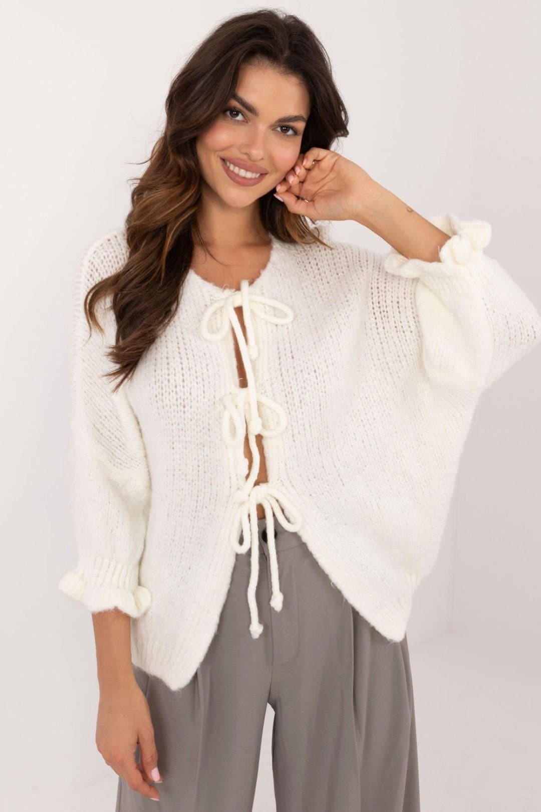 Love Lace Love Lace Women's Cardigan Sweater Smooth Knit Tie Detail in White