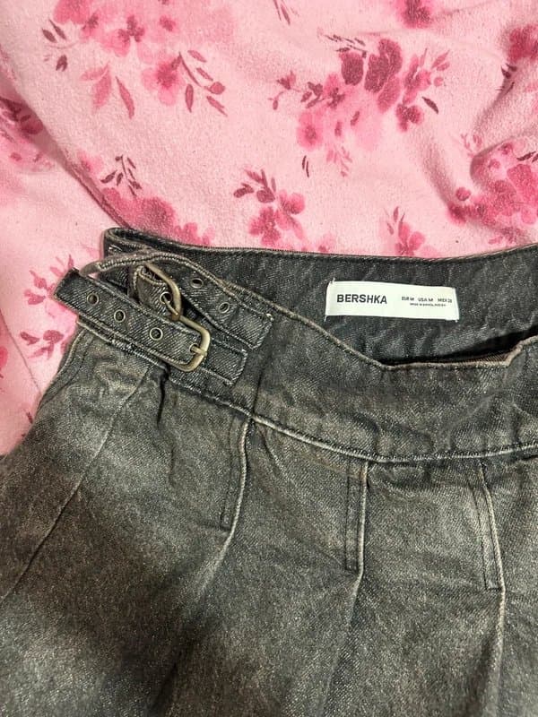 Bershka black denim skater skirt with buckles and built in shorts