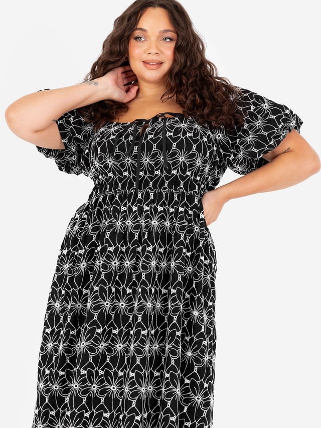 Lovedrobe Lovedrobe Women's Broderie Square Neck Midi Dress in Black - 2