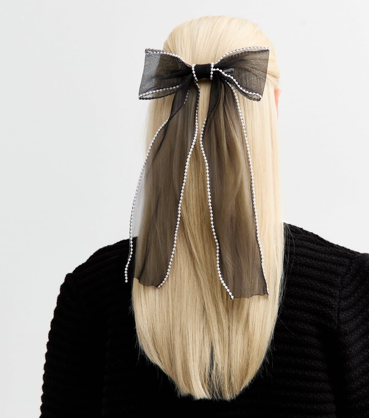 New Look Black Organza Faux Pearl Trim Bow Hair Slide New Look