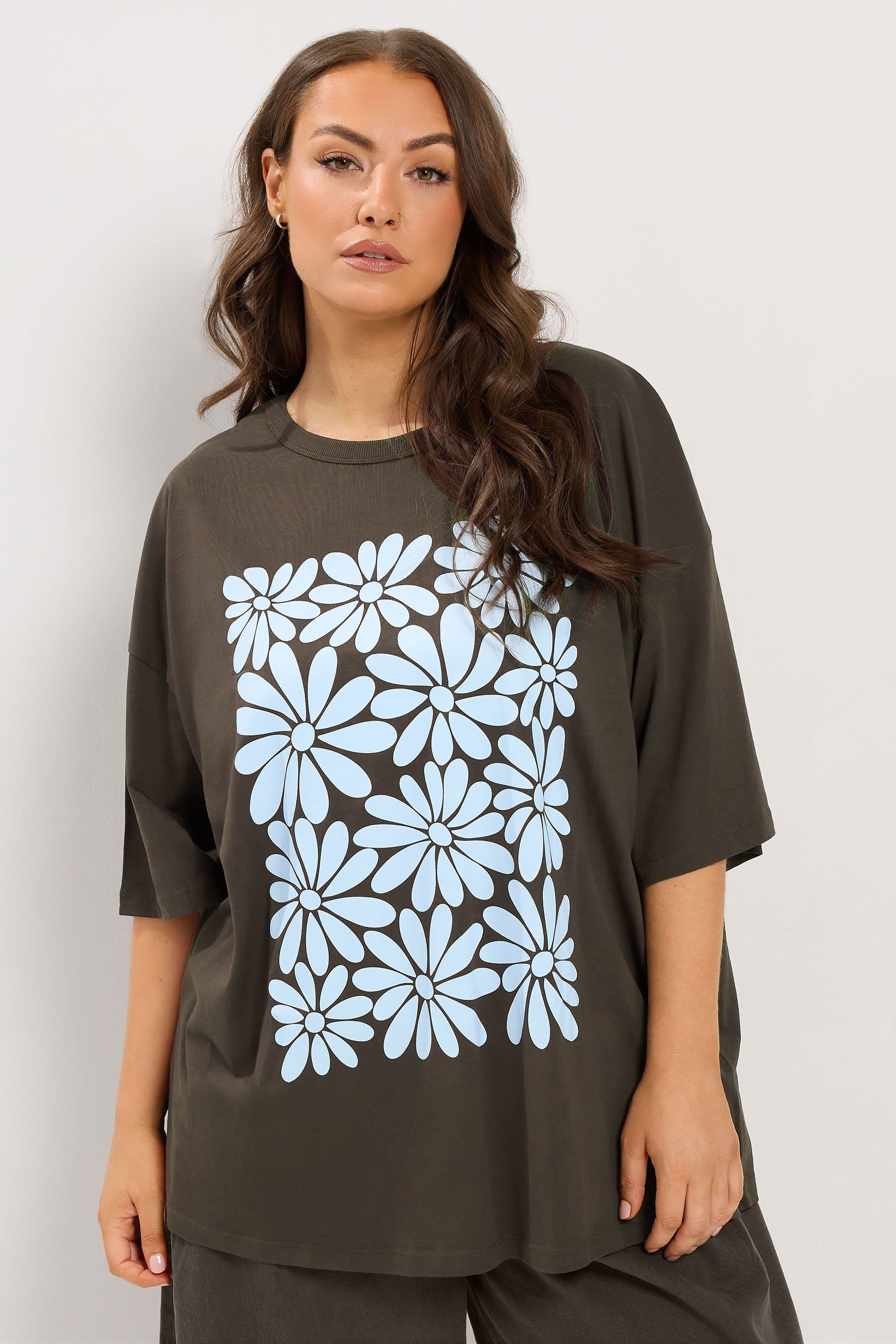 Yours Plus Size Chocolate Brown Floral Boxy Tshirt
