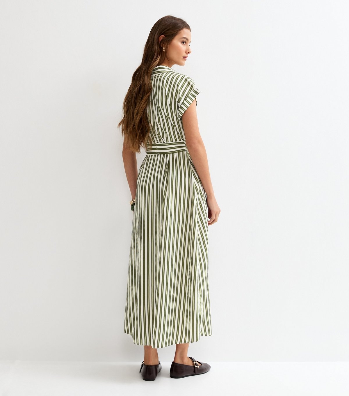 New Look Women's Green Striped Short Sleeve Midi Shirt Dress New Look - 4