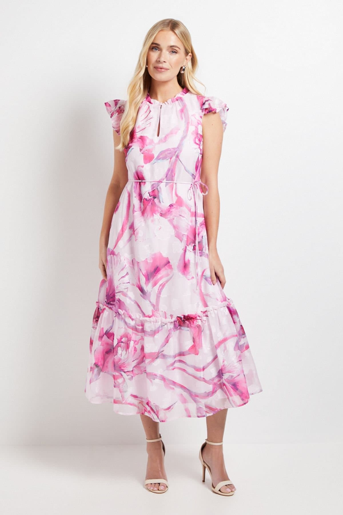 Wallis Wallis Women's Petite Floral Burn Out Ruffle Midi Dress in Pink