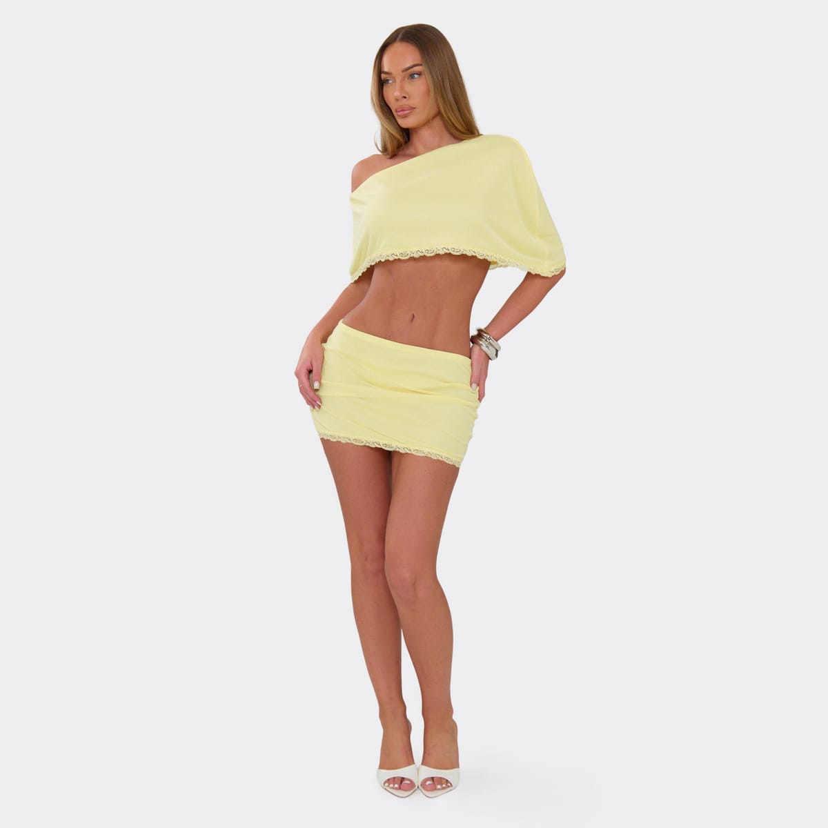 EGO Low Rise Lace Trim Mini Skirt In Lemon, Women's Size UK 4 - 1