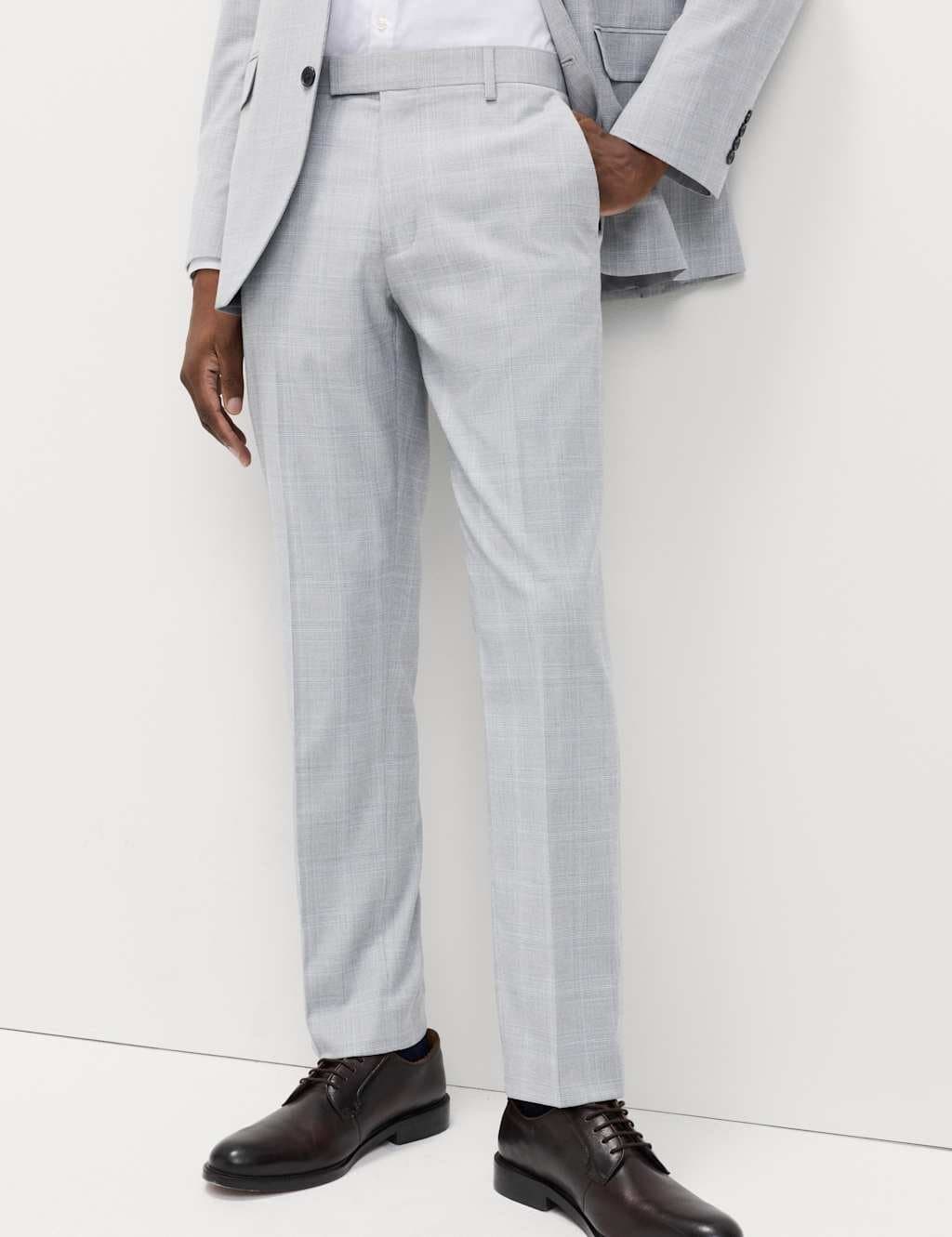 Marks & Spencer M&S Prince of Wales Check Stretch Suit Trousers Light Grey Mix