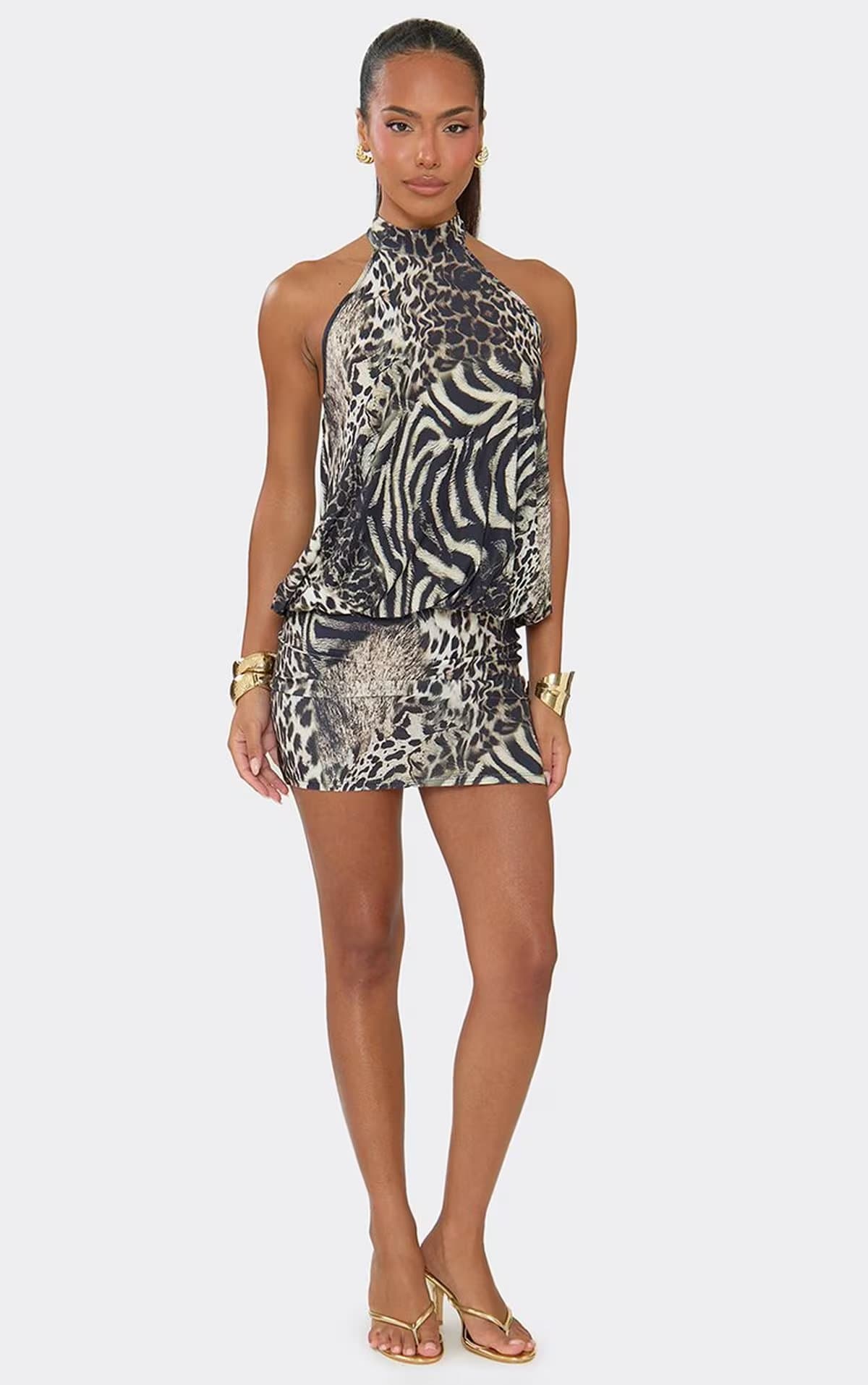 EGO High Neck Blouson Mini Dress In Multi Animal Print, Women's Size UK 6