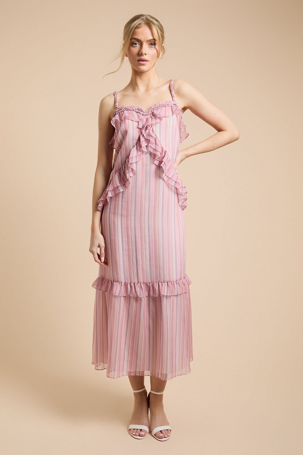Oasis Oasis Women's Rope Detail Neckline Ruffle Cami Midaxi Dress in Pink