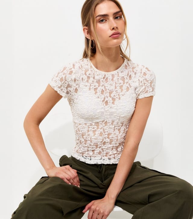New Look Women's Cream Sheer Lace Baby Tee T-Shirt New Look - 2
