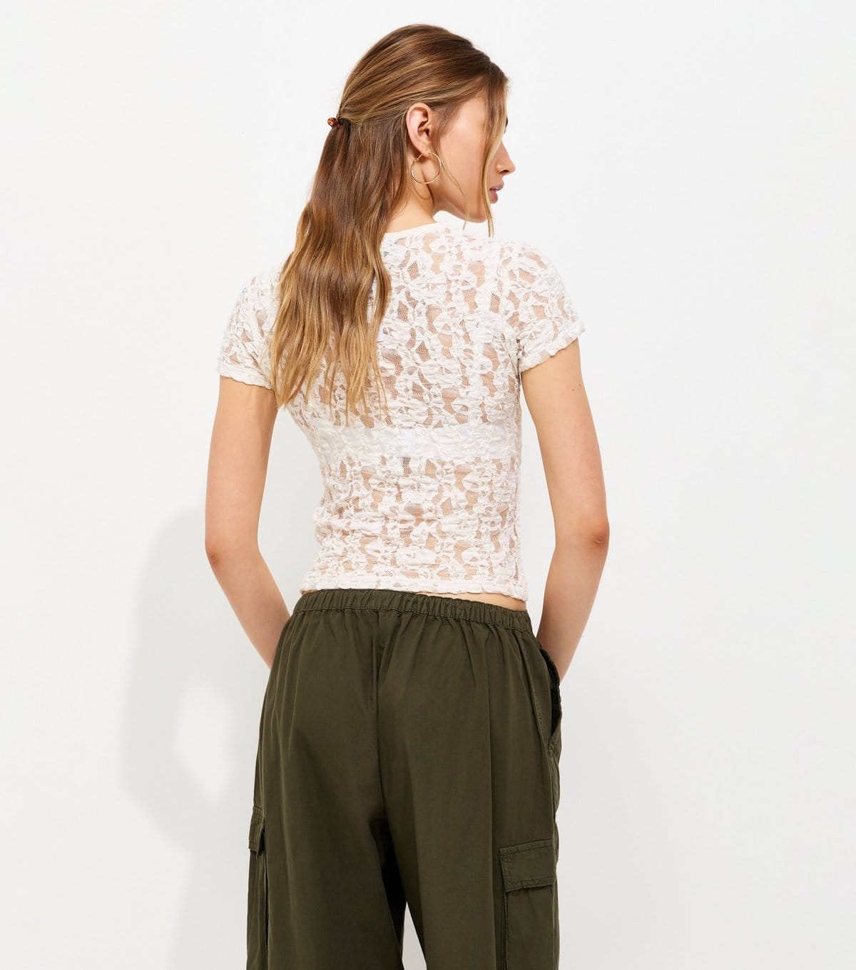 New Look Women's Cream Sheer Lace Baby Tee T-Shirt New Look - 4