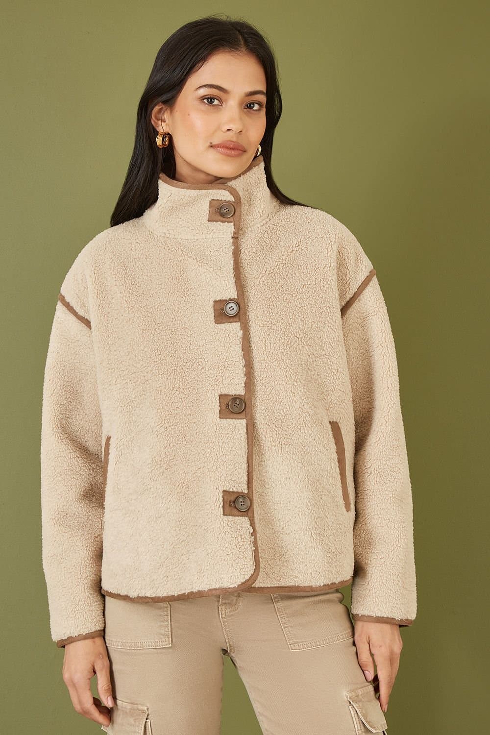 Yumi Yumi Women's Cream Borg High Neck Jacket With Faux Leather Trims