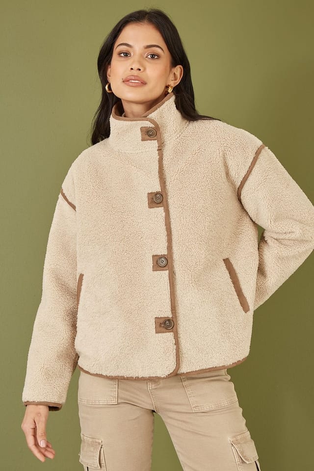 Yumi Yumi Women's Cream Borg High Neck Jacket With Faux Leather Trims - 2