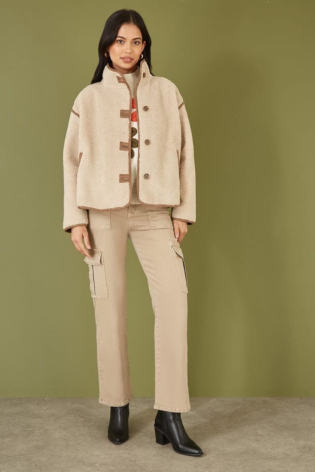 Yumi Yumi Women's Cream Borg High Neck Jacket With Faux Leather Trims - 3