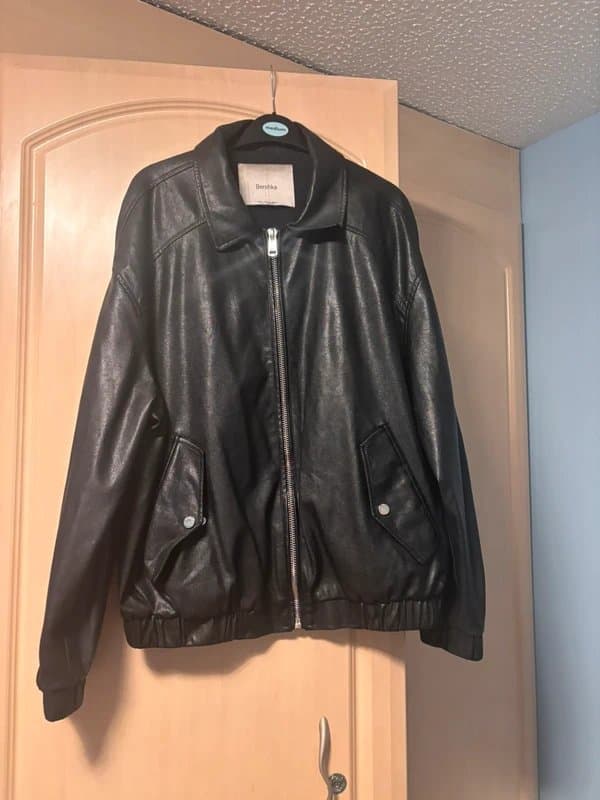 Bershka Black faux leather bomber jacket