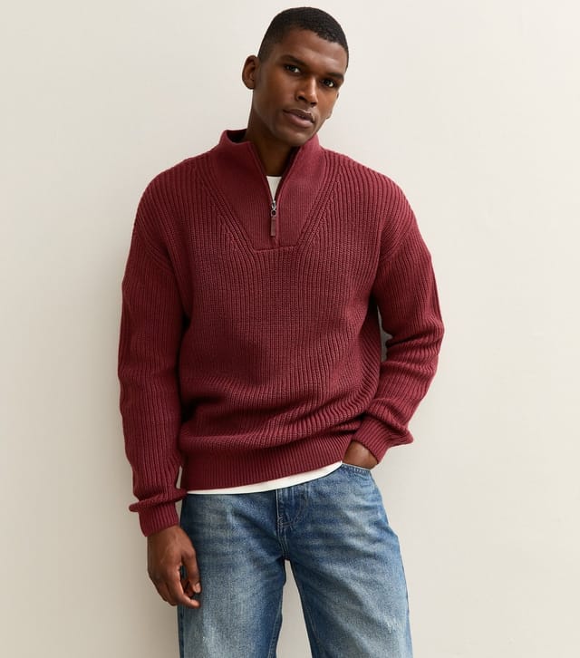 New Look Men's Light Burgundy Regular Quarter Zip Funnel Neck Jumper New Look - 2