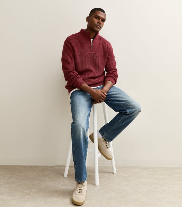 New Look Men's Light Burgundy Regular Quarter Zip Funnel Neck Jumper New Look - 3