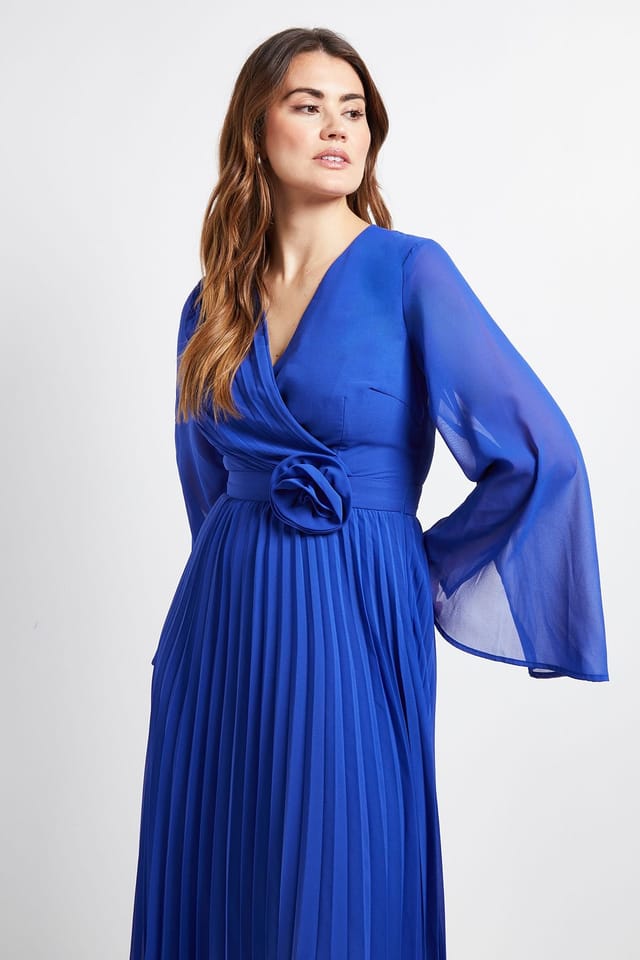 Wallis Wallis Women's Cape Sleeve Pleated Corsage Midi Dress in Cobalt - 2