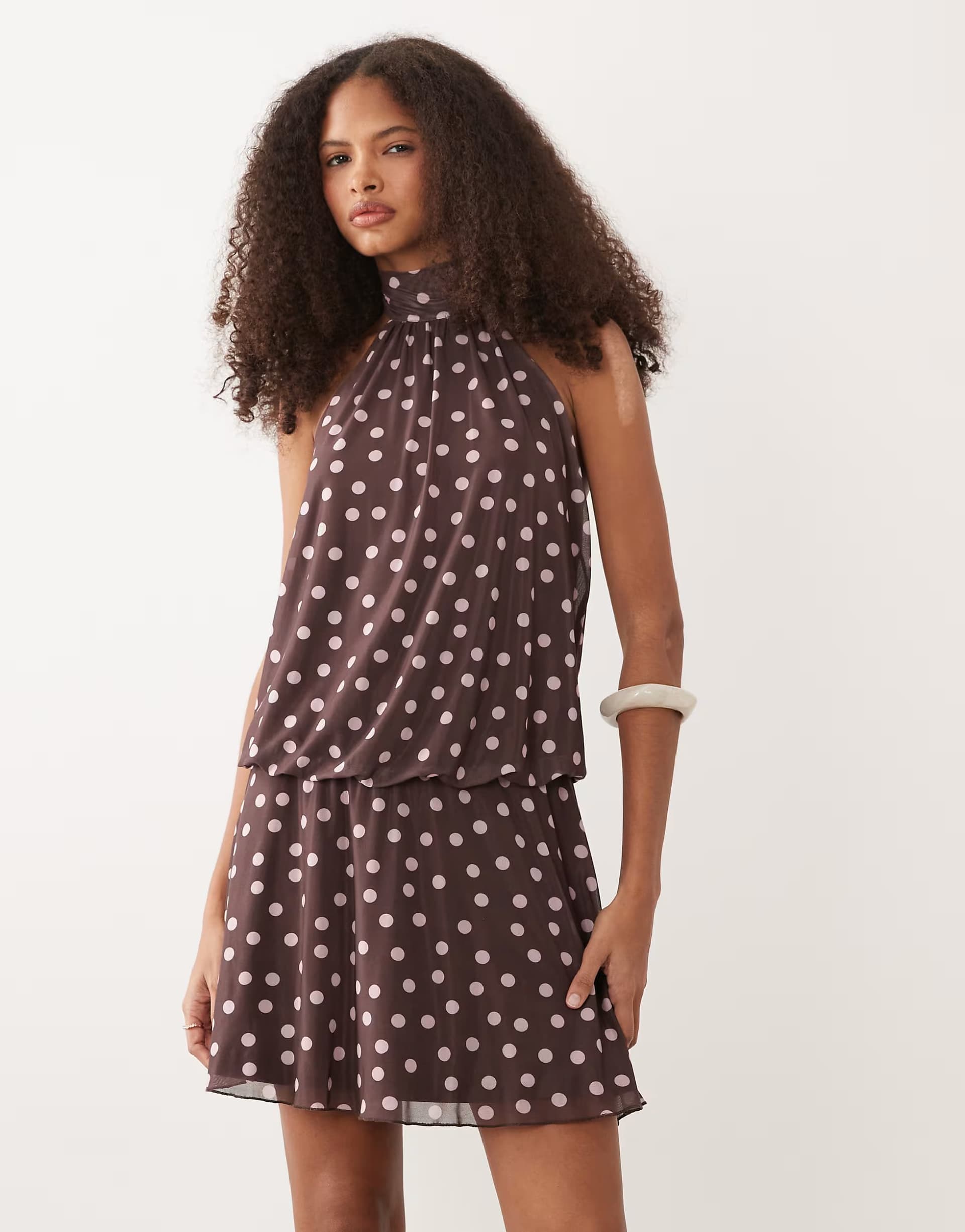 ASOS New Look halterneck mesh mini dress in brown polka dot