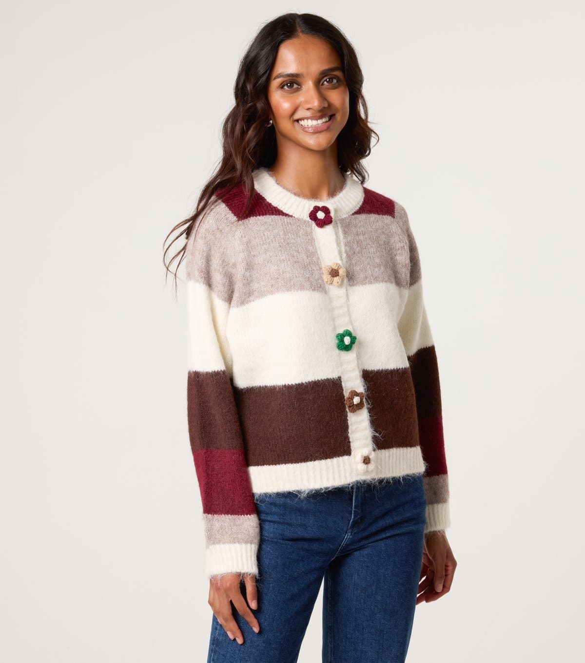 Blue Vanilla Women's Off White Striped Floral Button Cardigan Blue Vanilla New Look