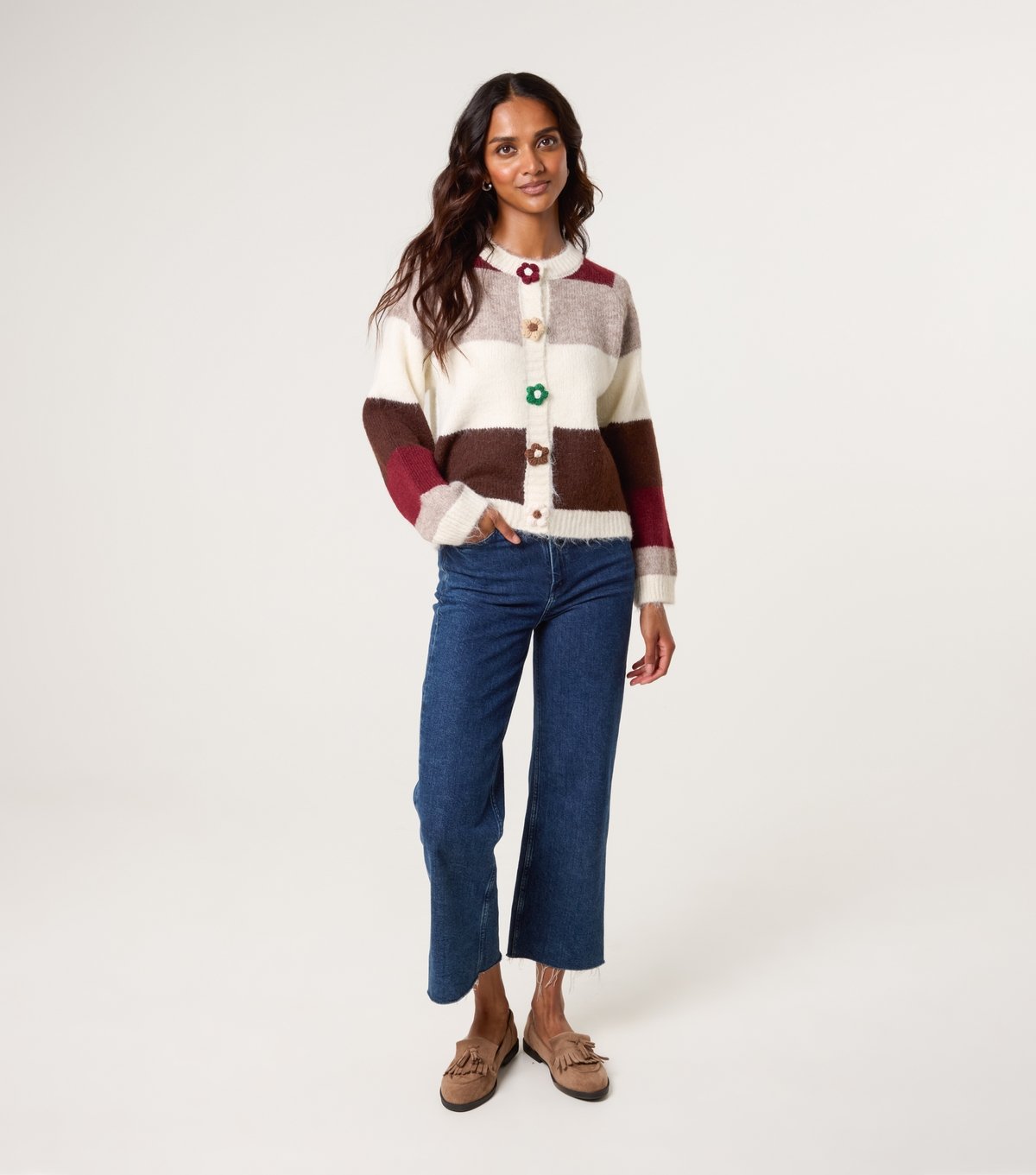 Blue Vanilla Women's Off White Striped Floral Button Cardigan Blue Vanilla New Look - 2