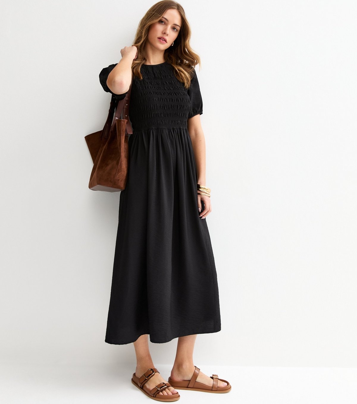 New Look Women's Black Shirred Body Short Sleeve Midi Dress New Look - 3