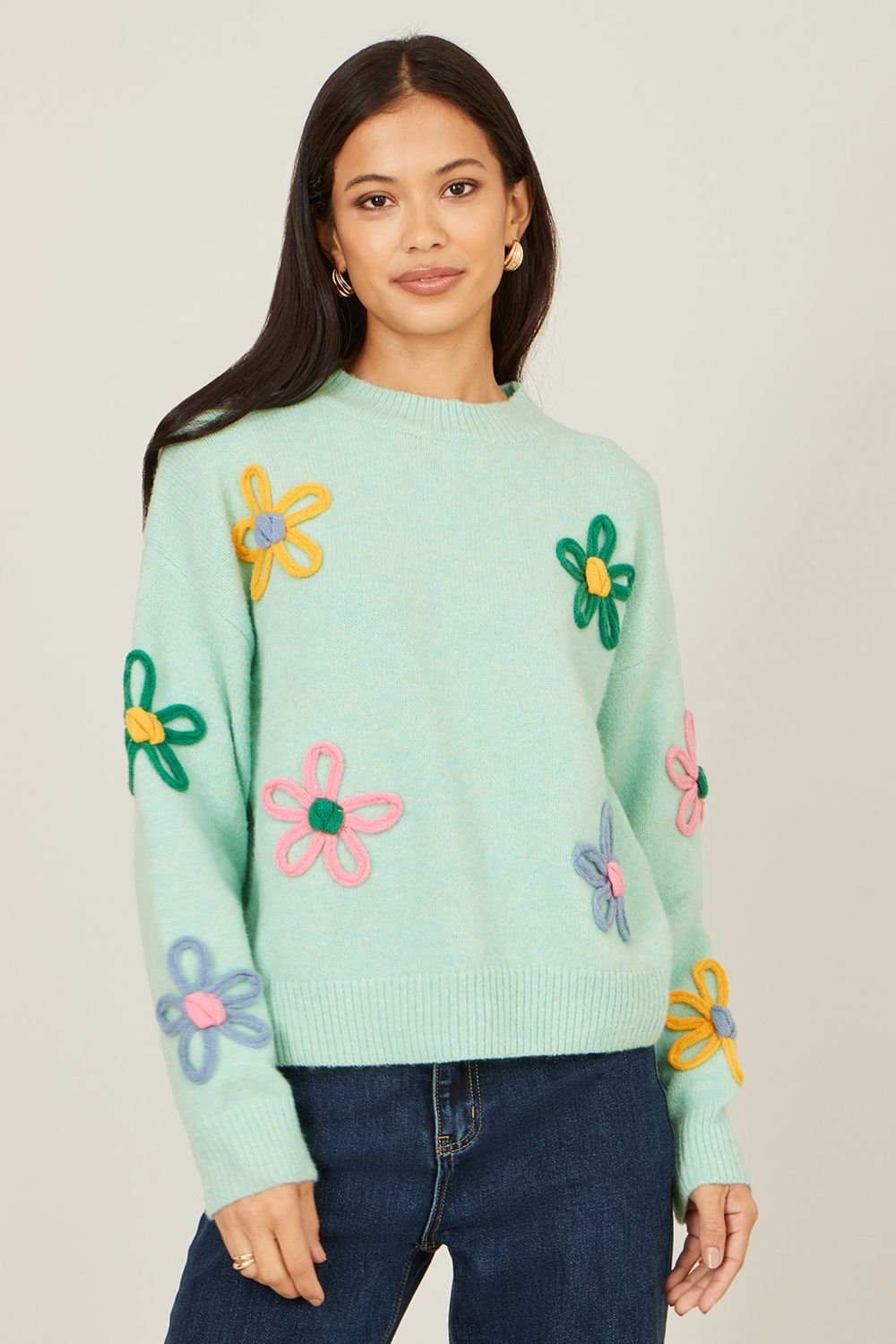 Yumi Yumi Women's Green Relaxed Flower Embroidered Jumper - 2