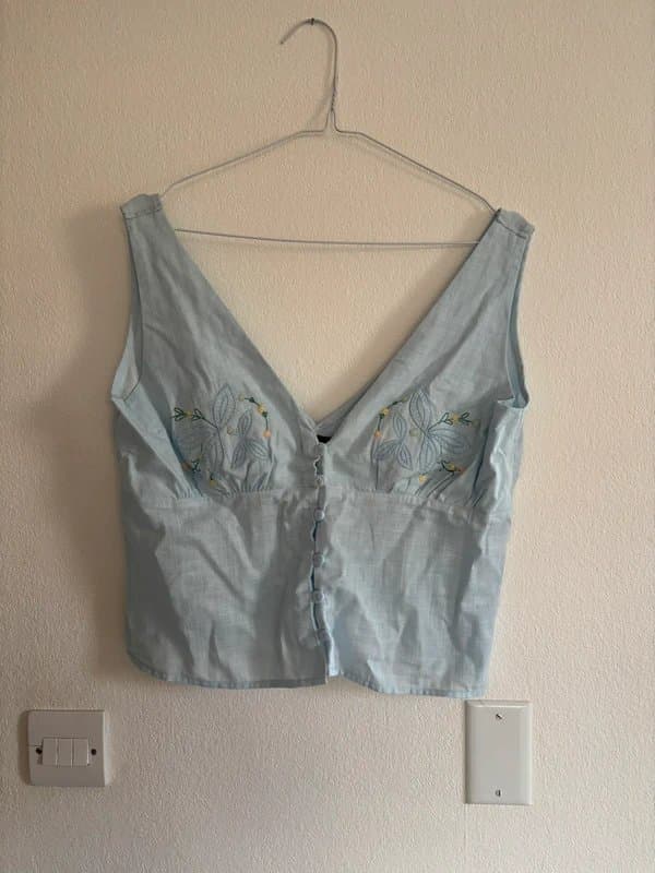 ASOS ASOS 100% Cotton Blue Button Through Cami Top with Embroidery / V-neck front and back - Size M