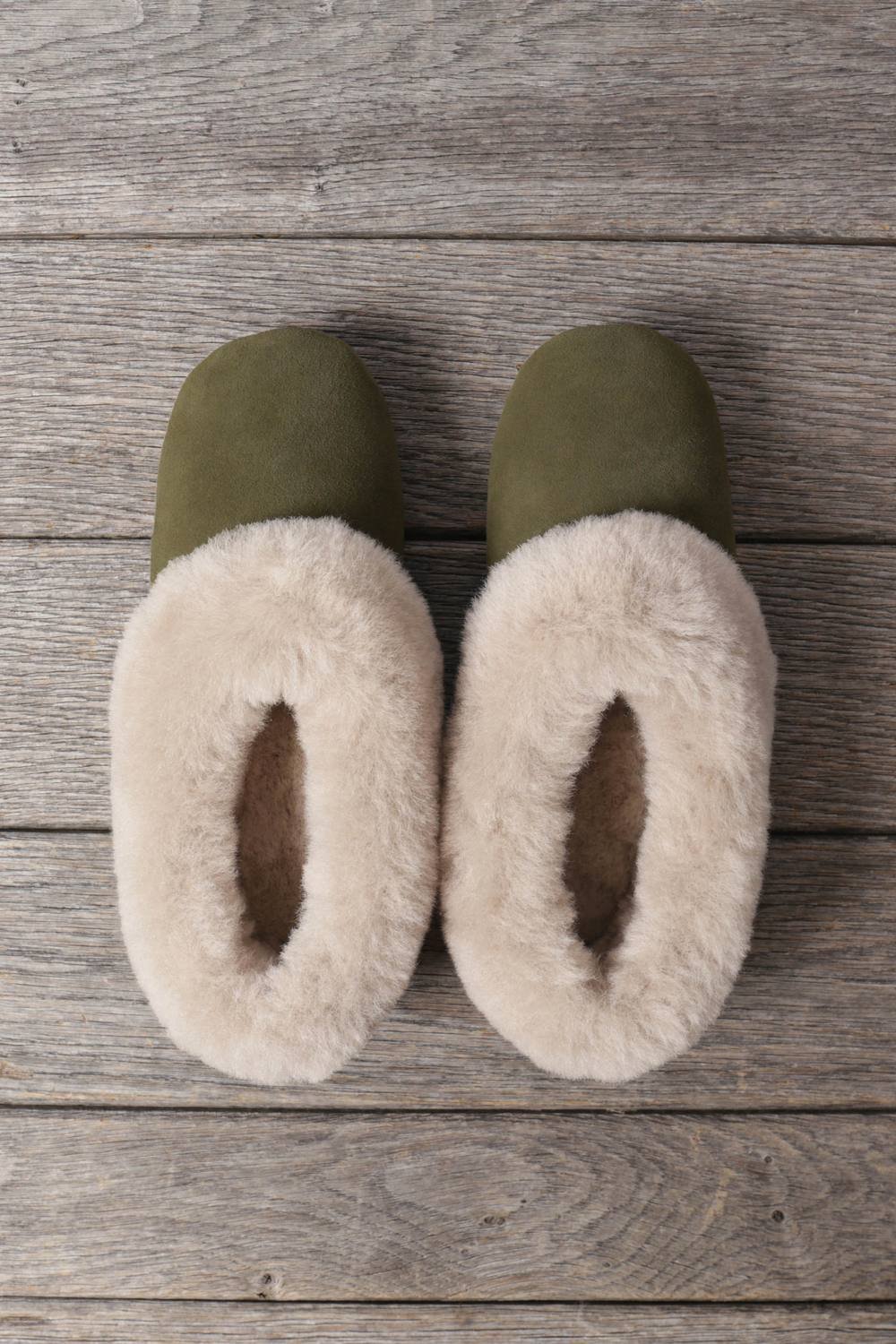 WoolOvers WoolOvers Women's Sheepskin Collar Ballerina Slippers in Khaki - 4