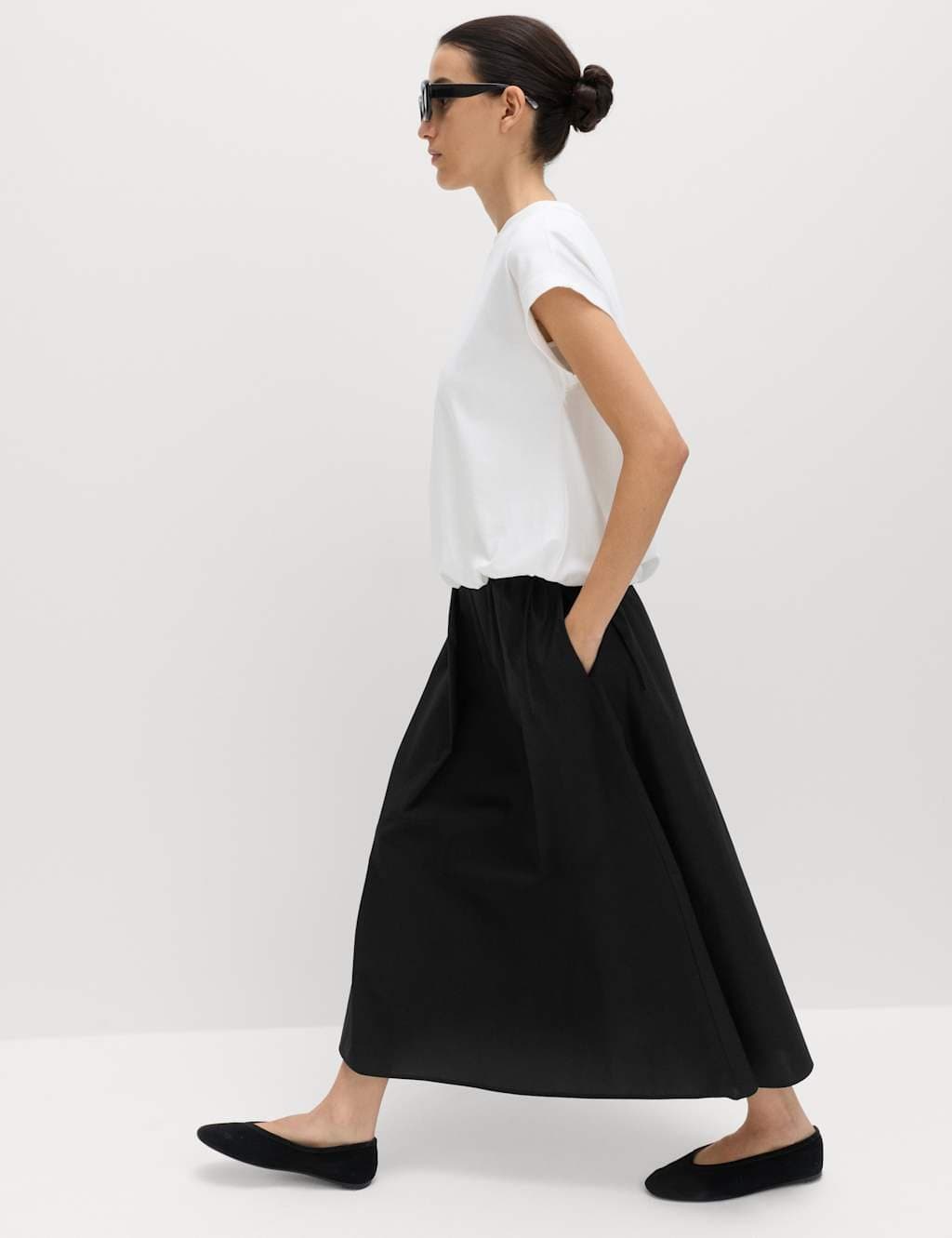 Marks & Spencer M&S Pure Cotton Poplin Tie Side Midi Skirt Black
