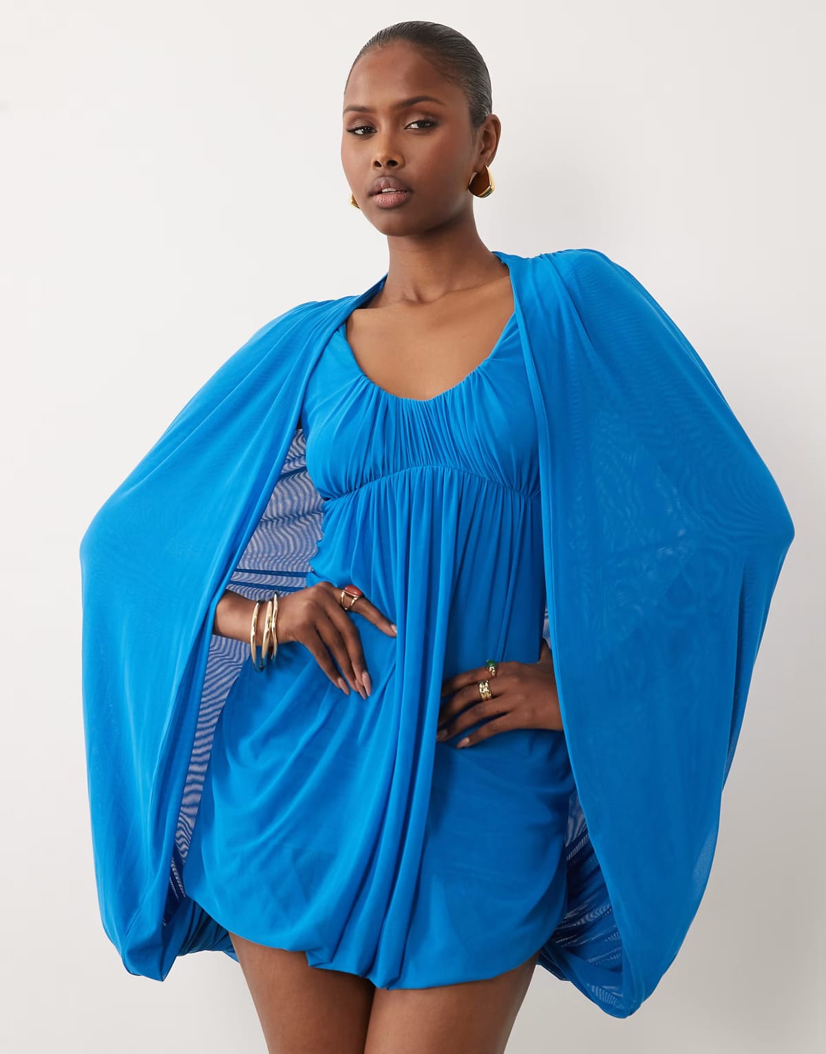 ASOS ASOS DESIGN mesh bubble cape detail mini dress in blue - 1