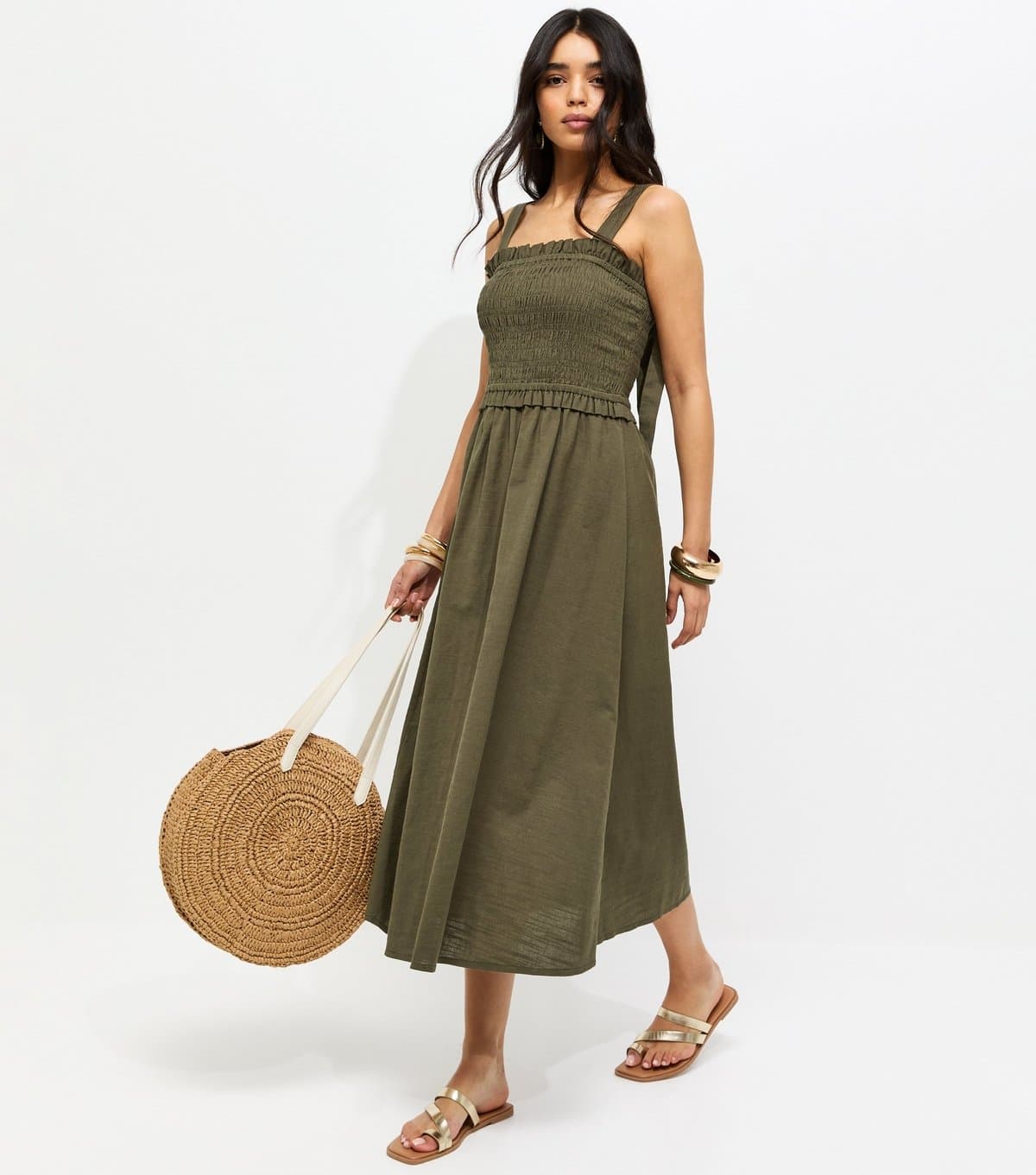 New Look Women's Dark Khaki Cotton Shirred Bow Strap Midi Dress New Look