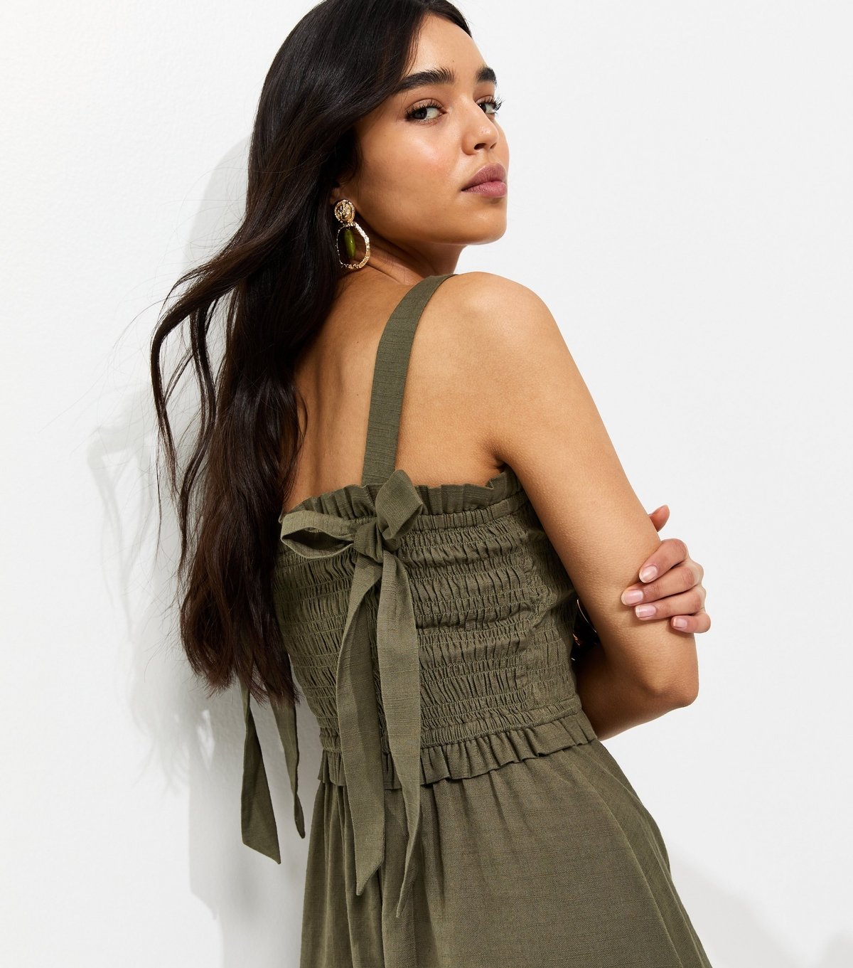 New Look Women's Dark Khaki Cotton Shirred Bow Strap Midi Dress New Look - 2