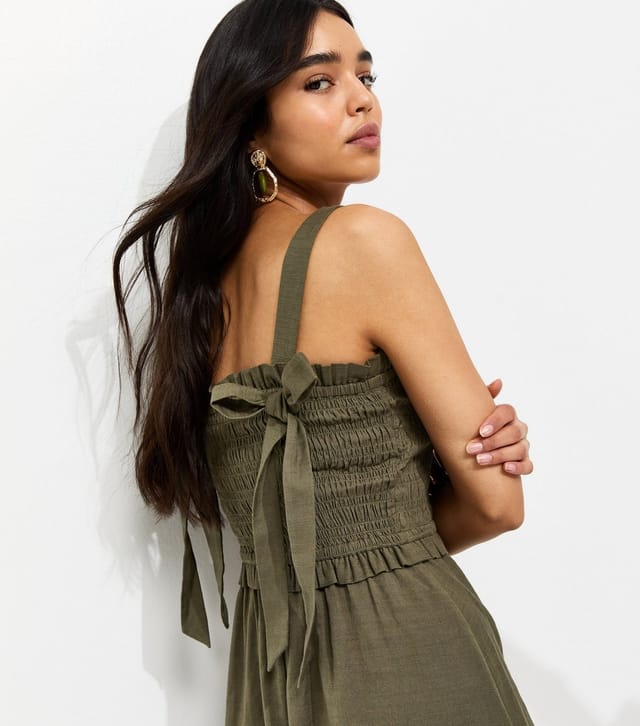 New Look Women's Dark Khaki Cotton Shirred Bow Strap Midi Dress New Look - 2