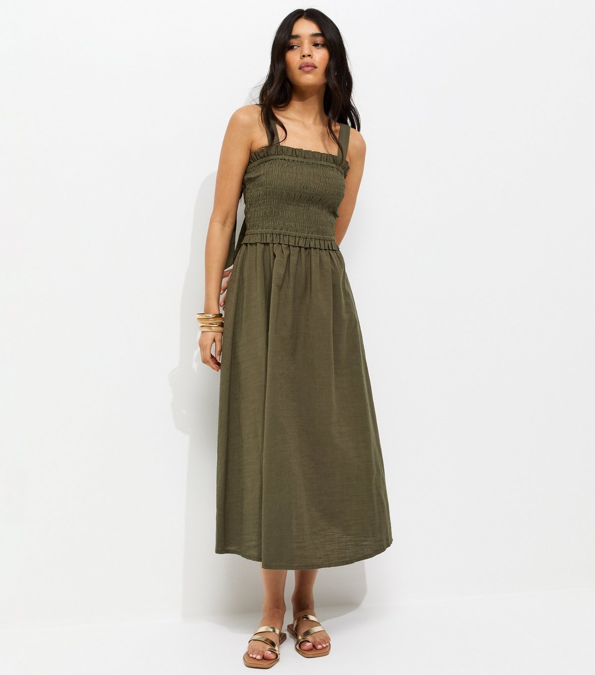 New Look Women's Dark Khaki Cotton Shirred Bow Strap Midi Dress New Look - 3