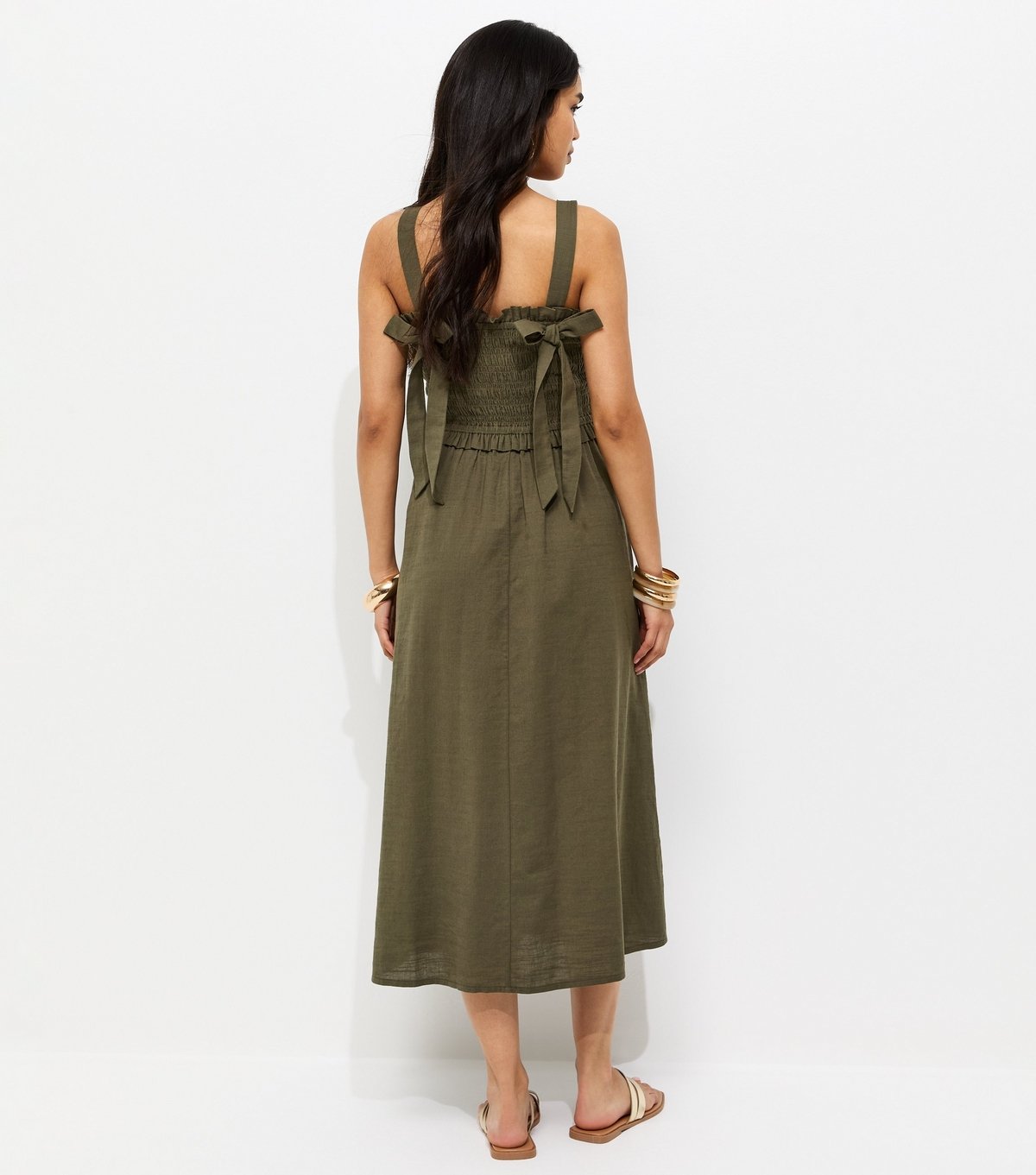 New Look Women's Dark Khaki Cotton Shirred Bow Strap Midi Dress New Look - 4