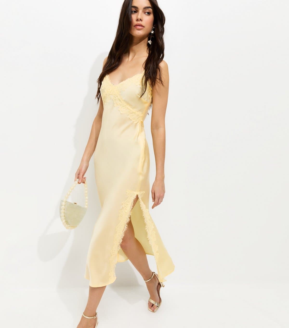 New Look Women's Light Yellow Lace Trim Slip Strappy Midi Dress New Look