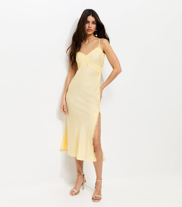 New Look Women's Light Yellow Lace Trim Slip Strappy Midi Dress New Look - 3