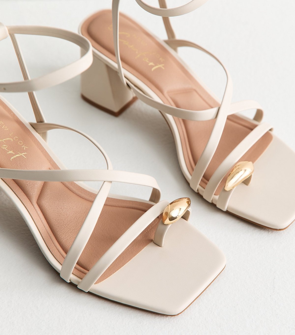 New Look Women's Off White Faux Leather Metal Toe Loop Block Heel Sandals Vegan New Look - 3