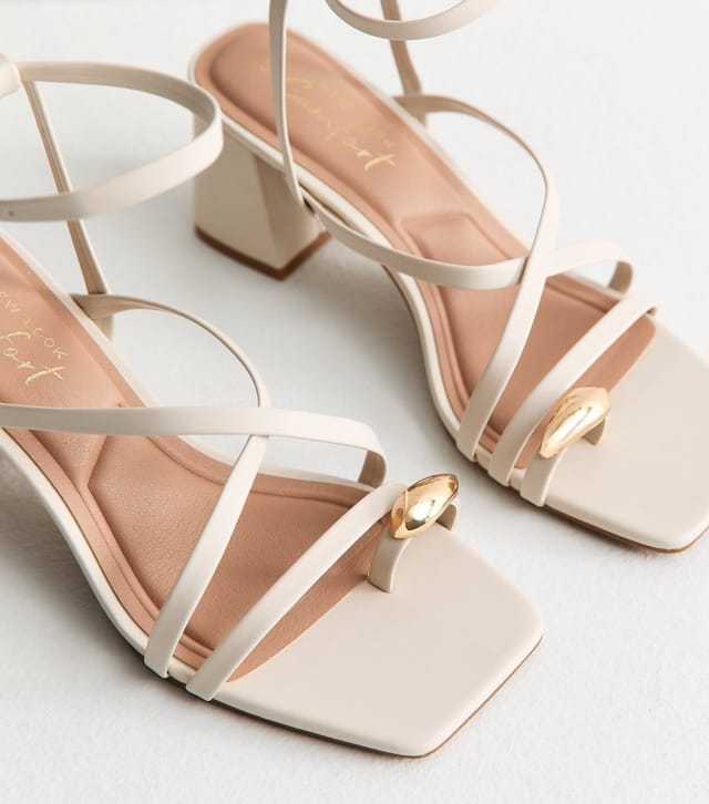 New Look Women's Off White Faux Leather Metal Toe Loop Block Heel Sandals Vegan New Look - 3