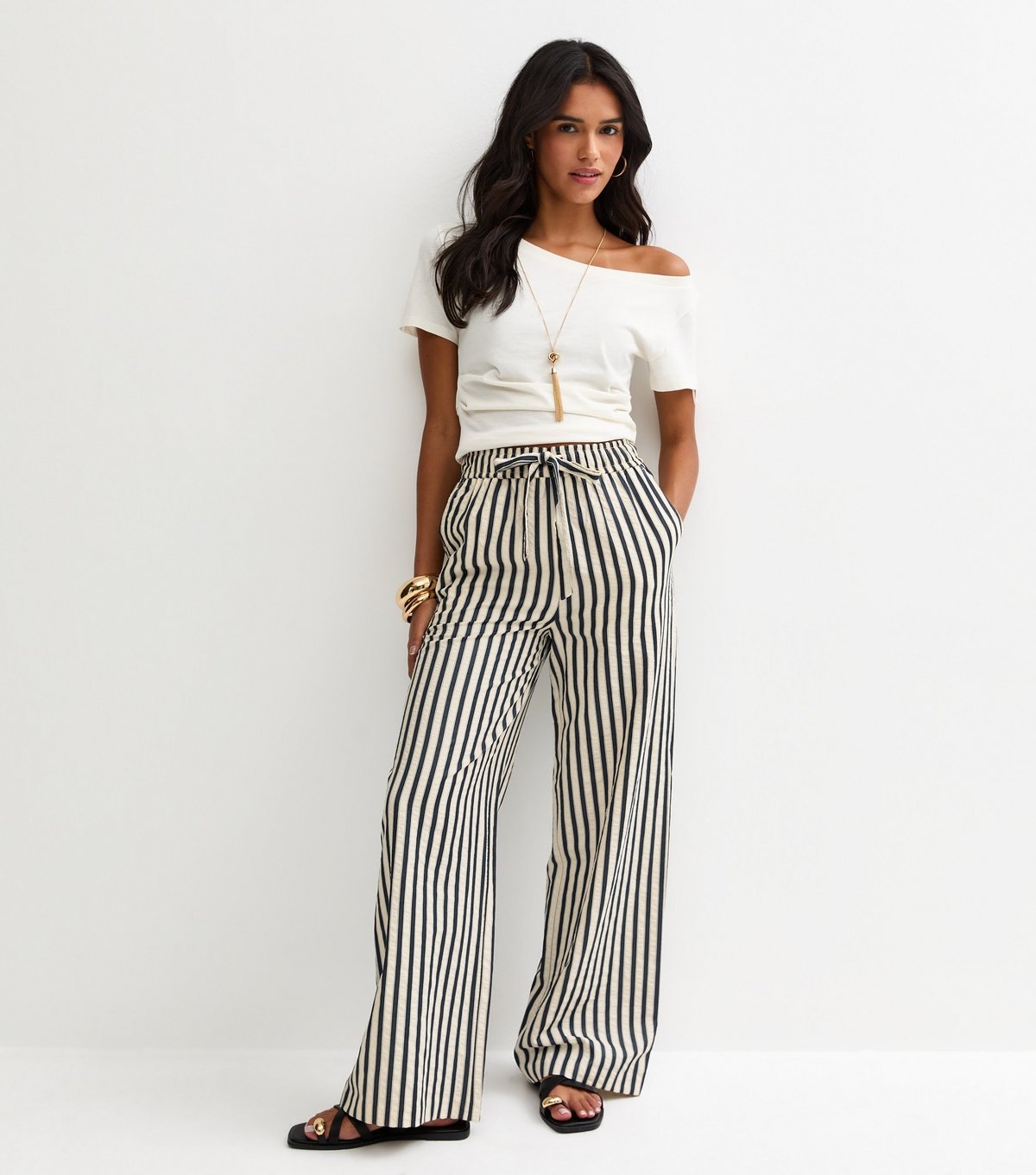 New Look Women's Blue Striped Seersucker Wide Leg Trousers New Look - 1