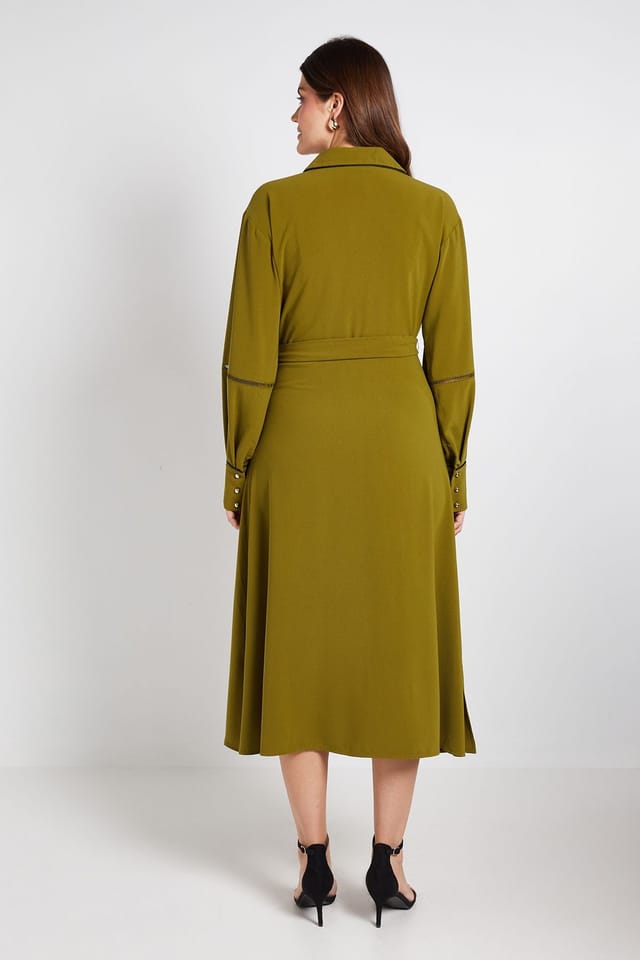 Wallis Wallis Women's Contrast Lace Trim Shirt Dress in Olive - 3