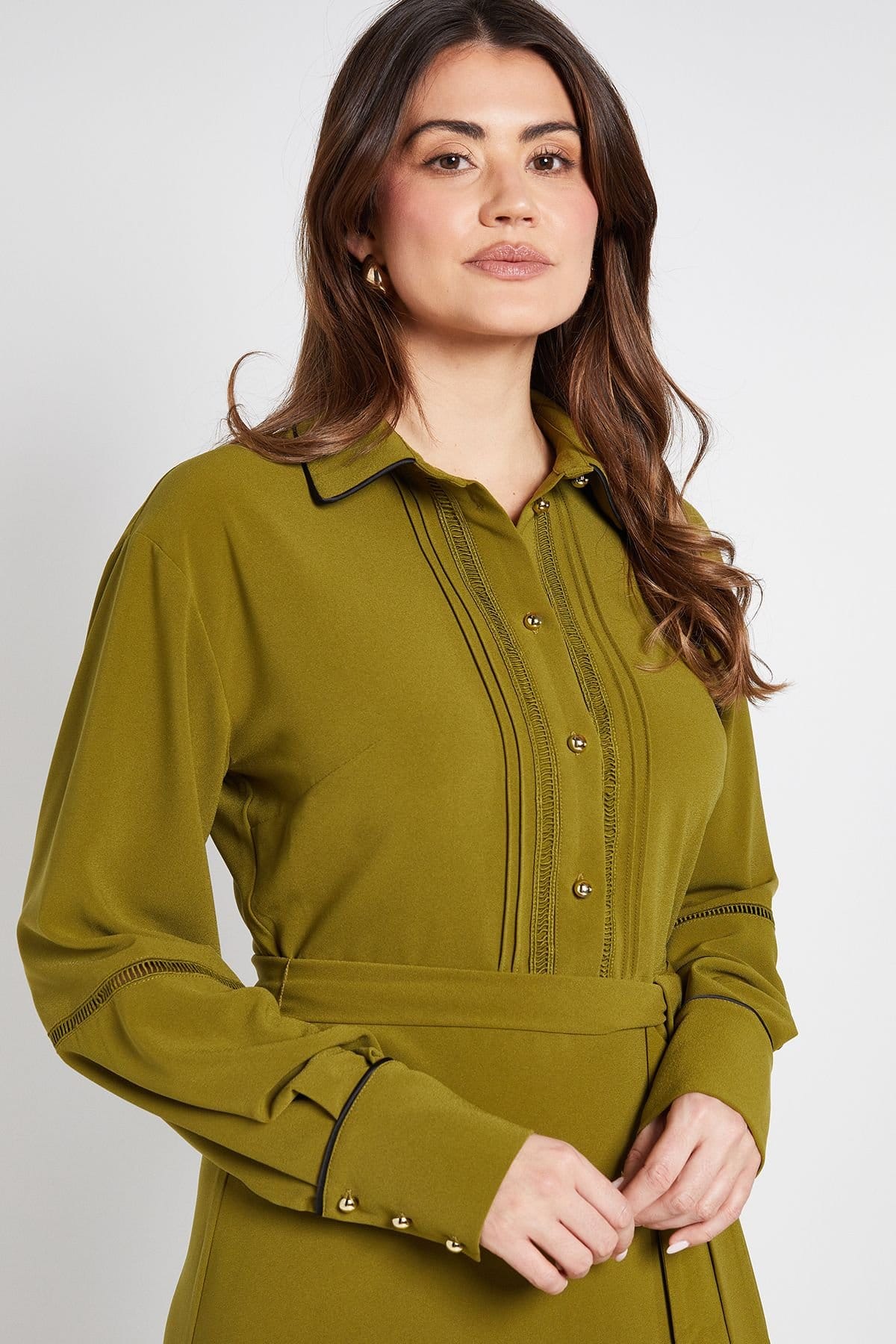 Wallis Wallis Women's Contrast Lace Trim Shirt Dress in Olive - 4