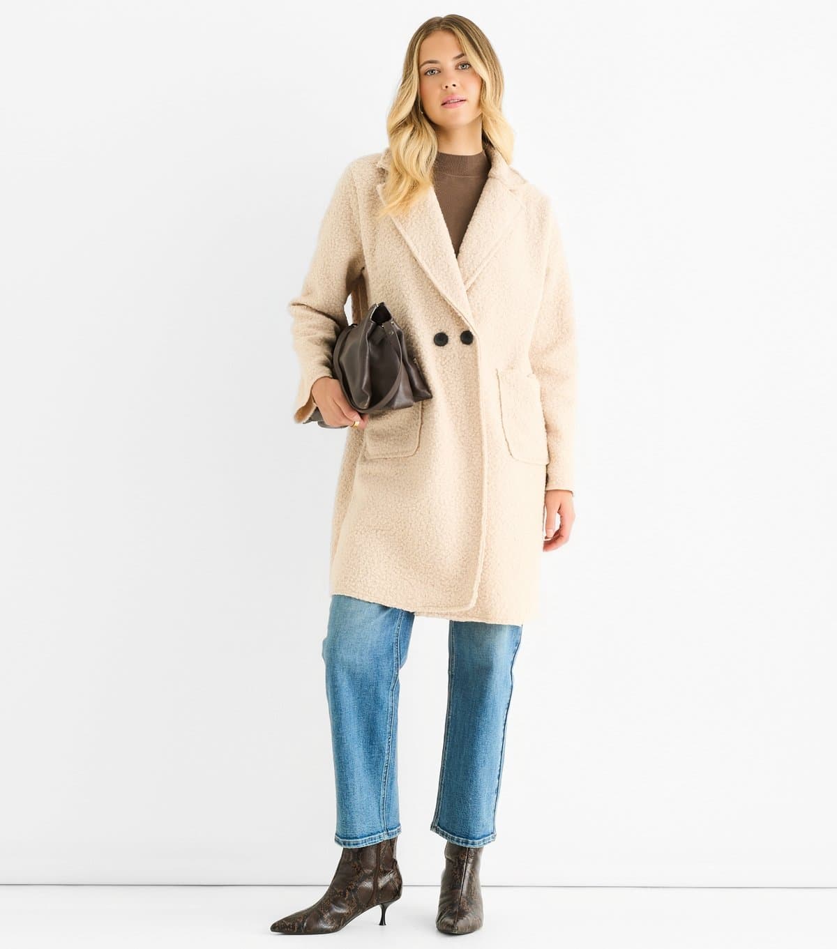 Gini London Women's Oatmeal Shearling Double Breasted Coat Gini London New Look